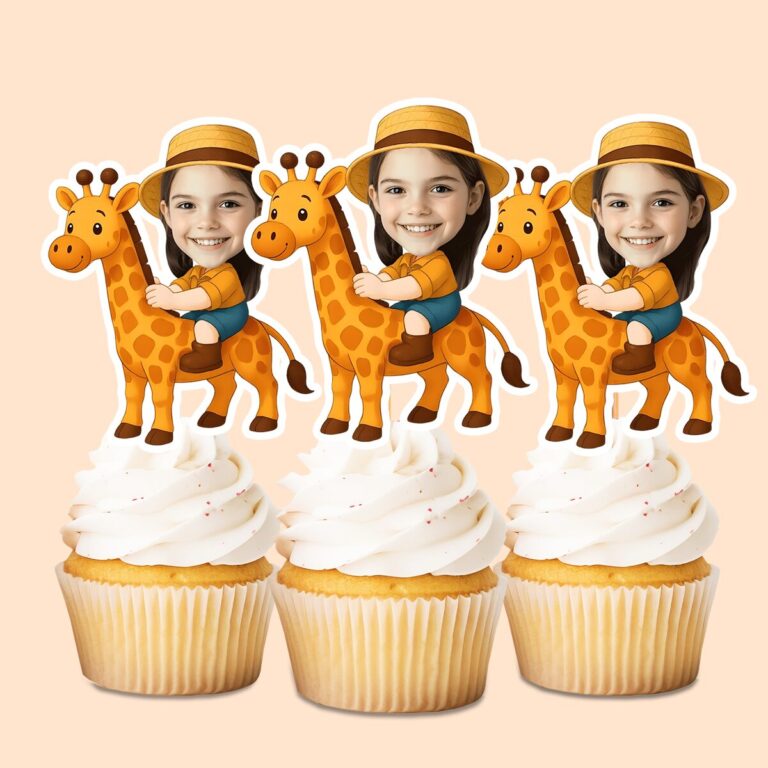 Custom Giraffe Safari Golden Spotted Giraffe Face Cutout – Cupcake Topper Custom Giraffe Safari Golden Spotted Giraffe Face Cutout shown on a cupcake topper mockup