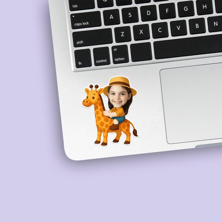 Custom Giraffe Safari Golden Spotted Giraffe Face Cutout – Sticker Custom Giraffe Safari Golden Spotted Giraffe Face Cutout shown on a sticker mockup