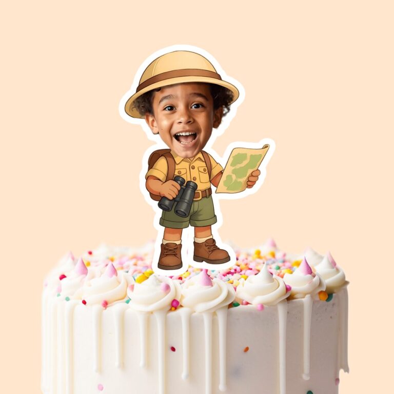 Custom Safari Guide with Map and Binoculars Face Cutout – Cake Topper Custom Safari Guide with Map and Binoculars Face Cutout shown on a cake topper mockup