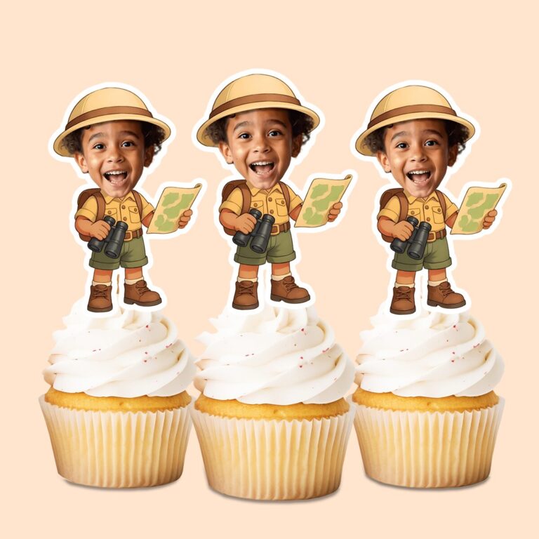 Custom Safari Guide with Map and Binoculars Face Cutout – Cupcake Topper Custom Safari Guide with Map and Binoculars Face Cutout shown on a cupcake topper mockup