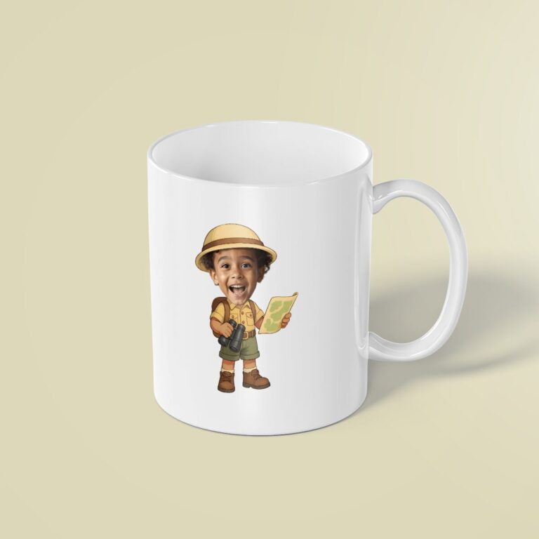 Custom Safari Guide with Map and Binoculars Face Cutout – Mug Custom Safari Guide with Map and Binoculars Face Cutout shown on a mug mockup