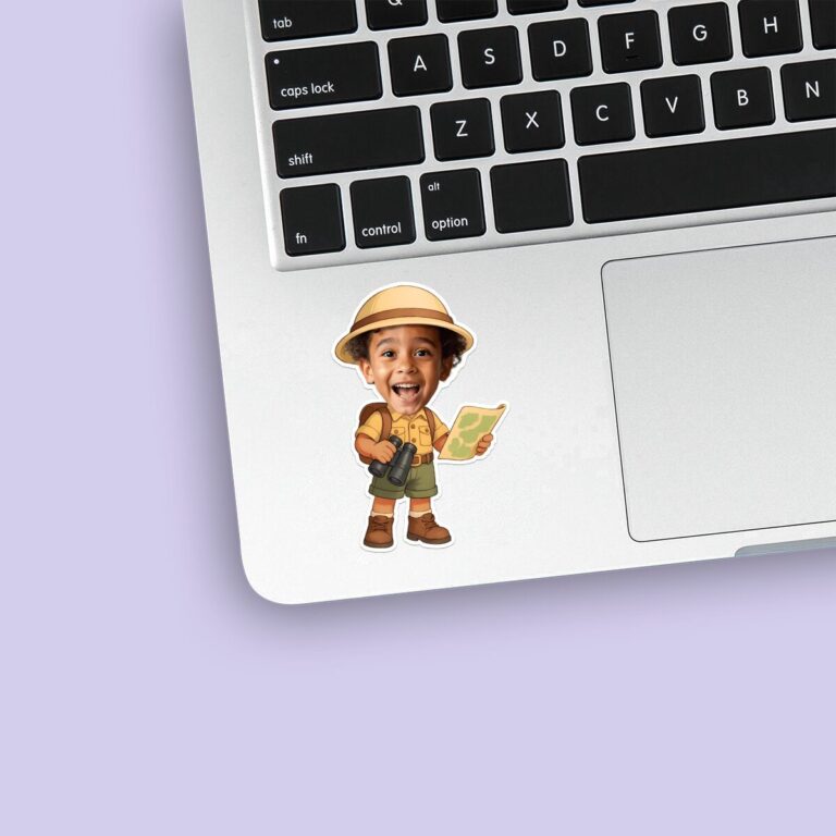 Custom Safari Guide with Map and Binoculars Face Cutout – Sticker Custom Safari Guide with Map and Binoculars Face Cutout shown on a sticker mockup