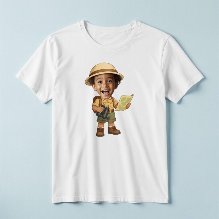 Custom Safari Guide with Map and Binoculars Face Cutout – T-shirt Custom Safari Guide with Map and Binoculars Face Cutout shown on a T-shirt mockup