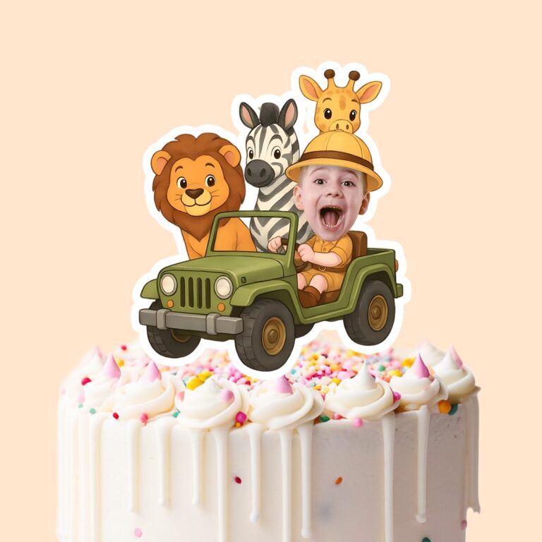 Custom Safari Jeep Driver with Wild Animals Face Cutout – Cake Topper Custom Safari Jeep Driver with Wild Animals Face Cutout shown on a cake topper mockup