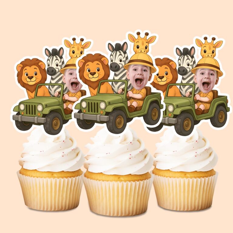 Custom Safari Jeep Driver with Wild Animals Face Cutout – Cupcake Topper Custom Safari Jeep Driver with Wild Animals Face Cutout shown on a cupcake topper mockup