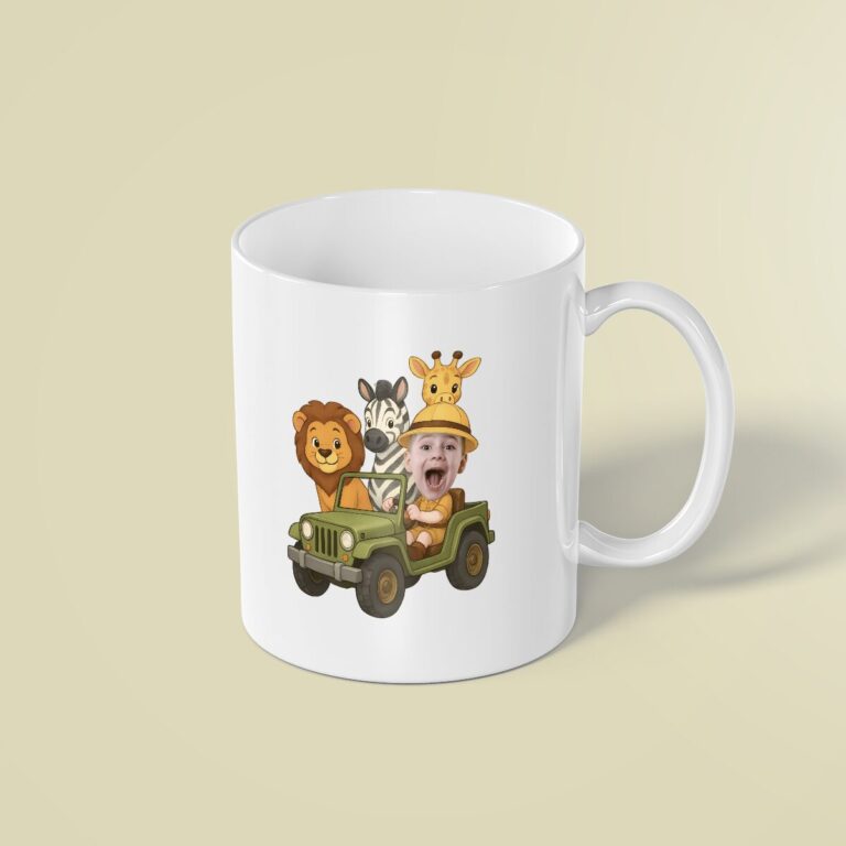 Custom Safari Jeep Driver with Wild Animals Face Cutout – Mug Custom Safari Jeep Driver with Wild Animals Face Cutout shown on a mug mockup
