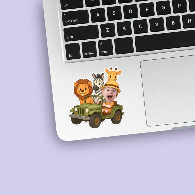 Custom Safari Jeep Driver with Wild Animals Face Cutout – Sticker Custom Safari Jeep Driver with Wild Animals Face Cutout shown on a sticker mockup