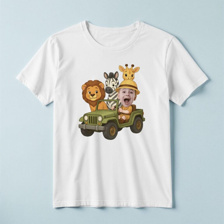 Custom Safari Jeep Driver with Wild Animals Face Cutout – T-shirt Custom Safari Jeep Driver with Wild Animals Face Cutout shown on a T-shirt mockup