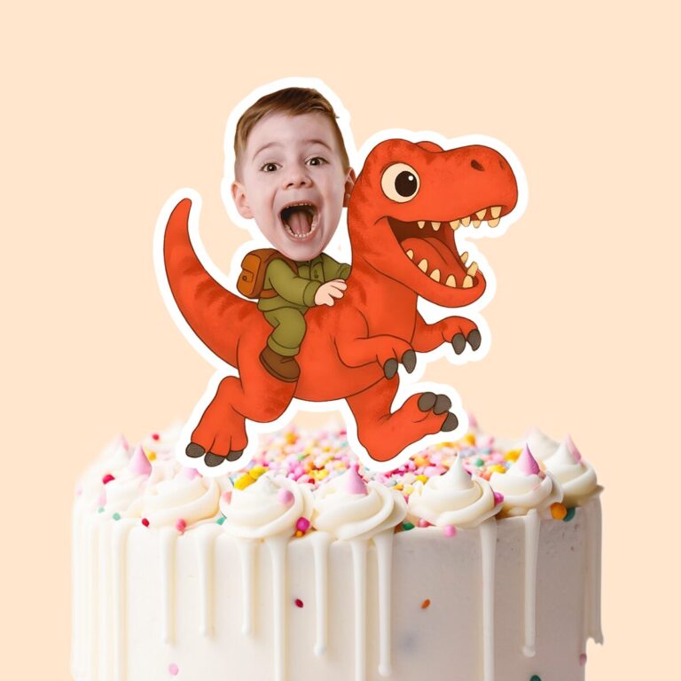 Custom Rider on a Red Tyrannosaur Face Cutout – Cake Topper Custom Rider on a Red Tyrannosaur Face Cutout shown on a cake topper mockup