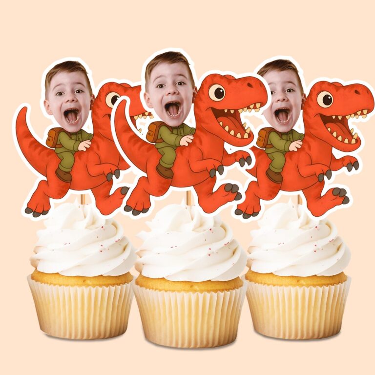 Custom Rider on a Red Tyrannosaur Face Cutout – Cupcake Topper Custom Rider on a Red Tyrannosaur Face Cutout shown on a cupcake topper mockup