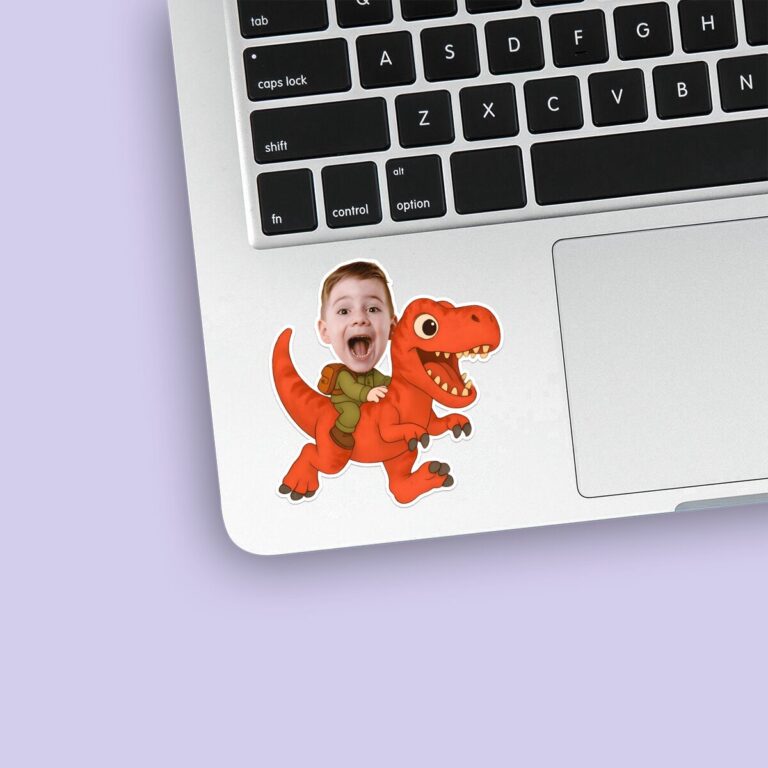 Custom Rider on a Red Tyrannosaur Face Cutout – Sticker Custom Rider on a Red Tyrannosaur Face Cutout shown on a sticker mockup