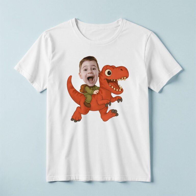 Custom Rider on a Red Tyrannosaur Face Cutout – T-shirt Custom Rider on a Red Tyrannosaur Face Cutout shown on a T-shirt mockup