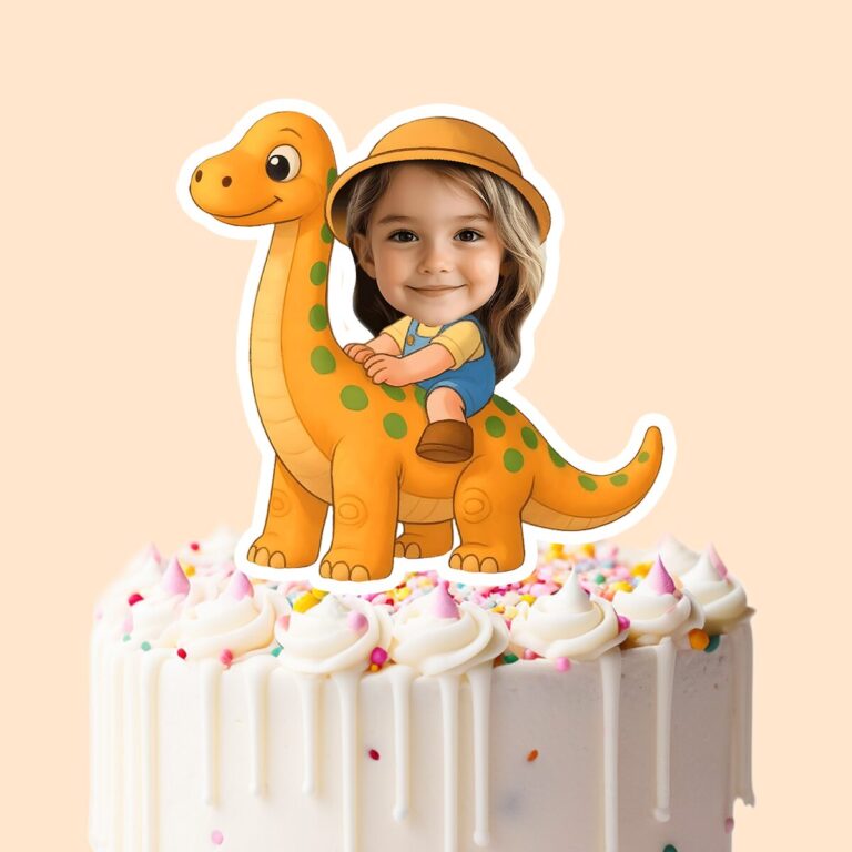 Custom Rider on a Spotted Long-Neck Dinosaur Face Cutout – Cake Topper Custom Rider on a Spotted Long-Neck Dinosaur Face Cutout shown on a cake topper mockup