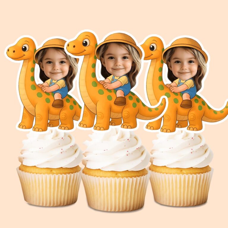 Custom Rider on a Spotted Long-Neck Dinosaur Face Cutout – Cupcake Topper Custom Rider on a Spotted Long-Neck Dinosaur Face Cutout shown on a cupcake topper mockup