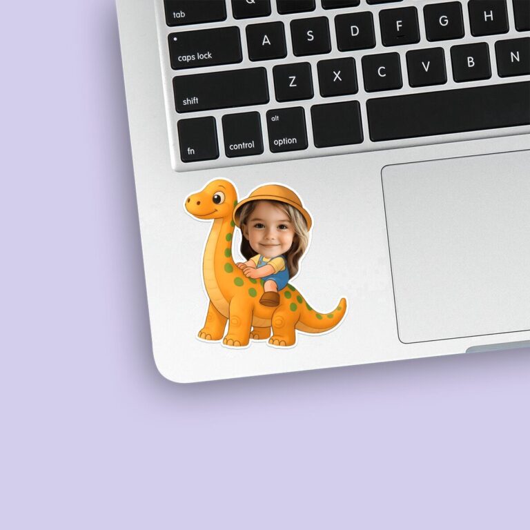 Custom Rider on a Spotted Long-Neck Dinosaur Face Cutout – Sticker Custom Rider on a Spotted Long-Neck Dinosaur Face Cutout shown on a sticker mockup
