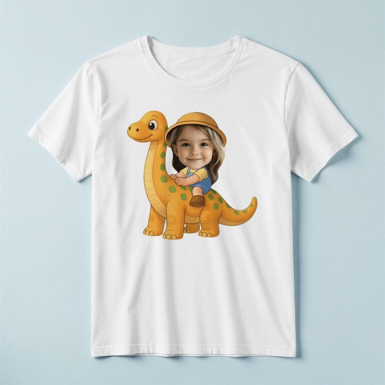 Custom Rider on a Spotted Long-Neck Dinosaur Face Cutout – T-shirt Custom Rider on a Spotted Long-Neck Dinosaur Face Cutout shown on a T-shirt mockup