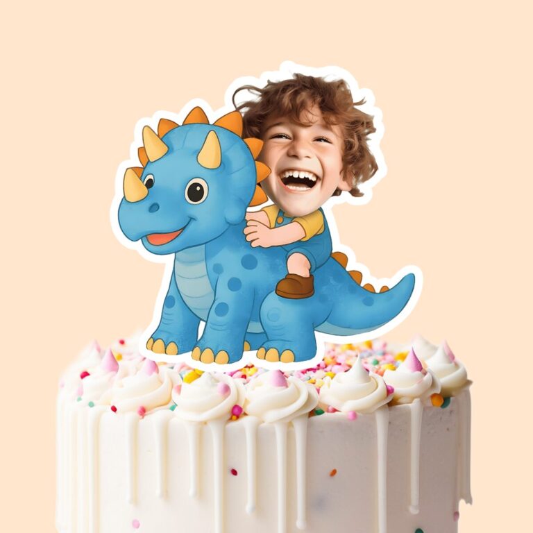 Custom Rider on a Blue Horned Dinosaur Face Cutout – Cake Topper Custom Rider on a Blue Horned Dinosaur Face Cutout shown on a cake topper mockup