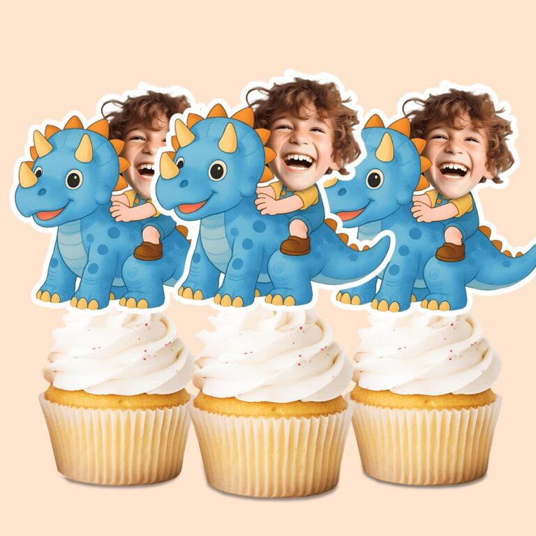 Custom Rider on a Blue Horned Dinosaur Face Cutout – Cupcake Topper Custom Rider on a Blue Horned Dinosaur Face Cutout shown on a cupcake topper mockup