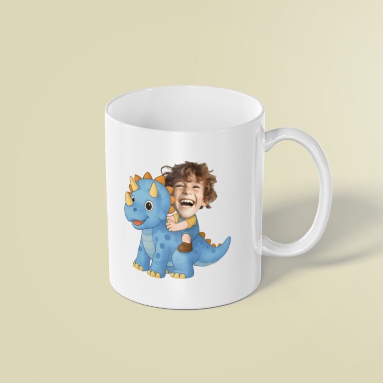 Custom Rider on a Blue Horned Dinosaur Face Cutout – Mug Custom Rider on a Blue Horned Dinosaur Face Cutout shown on a mug mockup