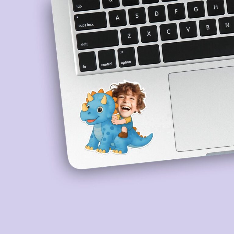 Custom Rider on a Blue Horned Dinosaur Face Cutout – Sticker Custom Rider on a Blue Horned Dinosaur Face Cutout shown on a sticker mockup