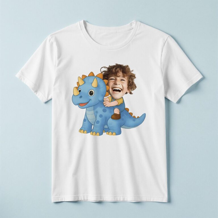 Custom Rider on a Blue Horned Dinosaur Face Cutout – T-shirt Custom Rider on a Blue Horned Dinosaur Face Cutout shown on a T-shirt mockup