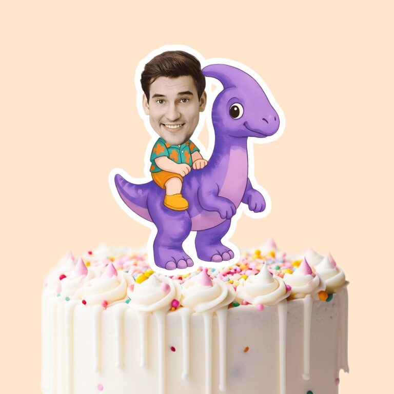 Custom Rider on a Purple Long-Neck Dinosaur Face Cutout – Cake Topper Custom Rider on a Purple Long-Neck Dinosaur Face Cutout shown on a cake topper mockup