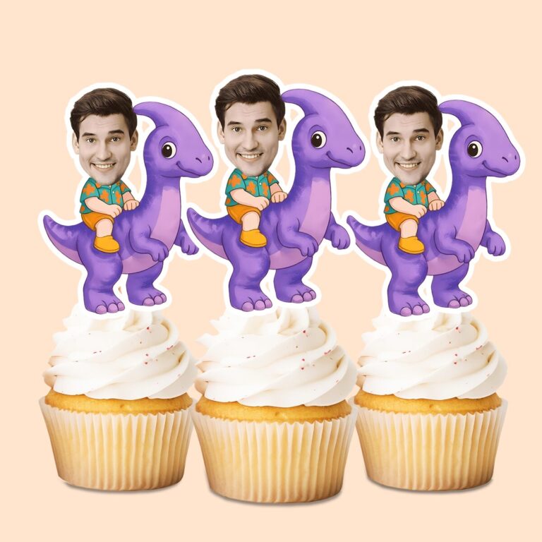 Custom Rider on a Purple Long-Neck Dinosaur Face Cutout – Cupcake Topper Custom Rider on a Purple Long-Neck Dinosaur Face Cutout shown on a cupcake topper mockup