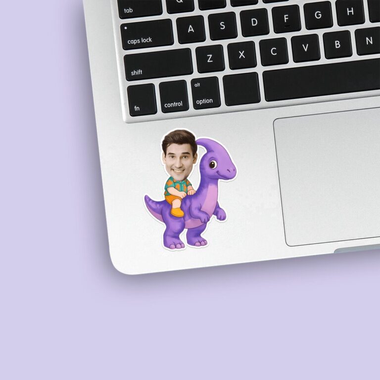 Custom Rider on a Purple Long-Neck Dinosaur Face Cutout – Sticker Custom Rider on a Purple Long-Neck Dinosaur Face Cutout shown on a sticker mockup