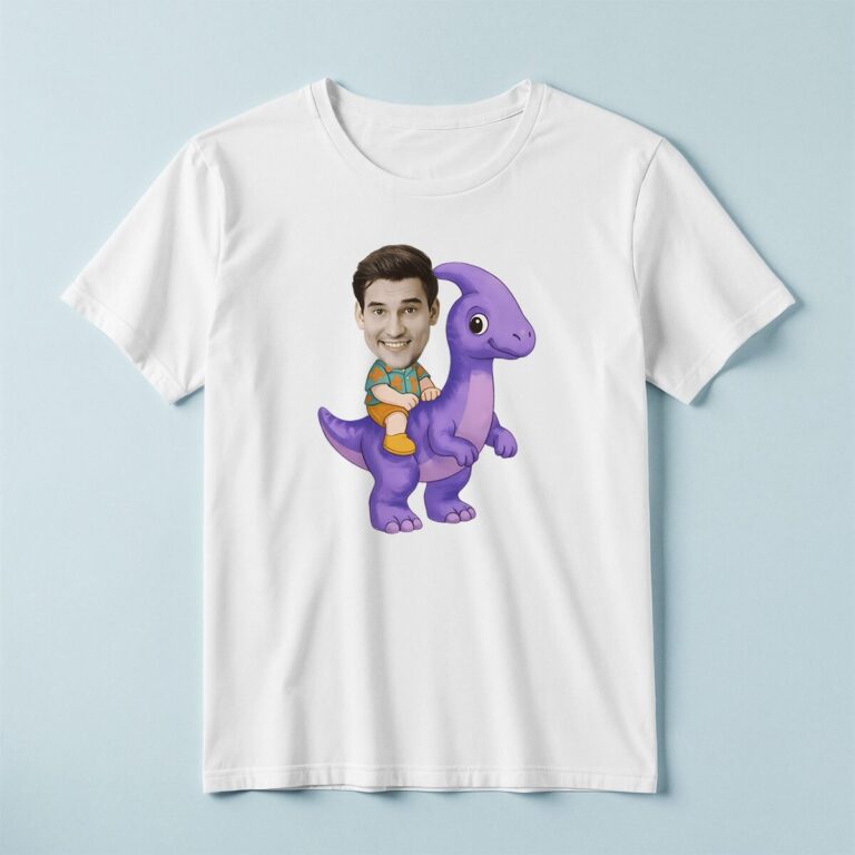 Custom Rider on a Purple Long-Neck Dinosaur Face Cutout – T-shirt Custom Rider on a Purple Long-Neck Dinosaur Face Cutout shown on a T-shirt mockup