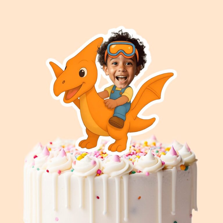 Custom Aviator Riding a Flying Pterosaur Face Cutout – Cake Topper Custom Aviator Riding a Flying Pterosaur Face Cutout shown on a cake topper mockup