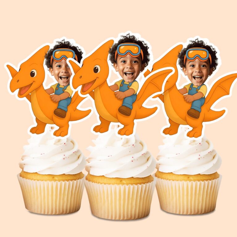 Custom Aviator Riding a Flying Pterosaur Face Cutout – Cupcake Topper Custom Aviator Riding a Flying Pterosaur Face Cutout shown on a cupcake topper mockup