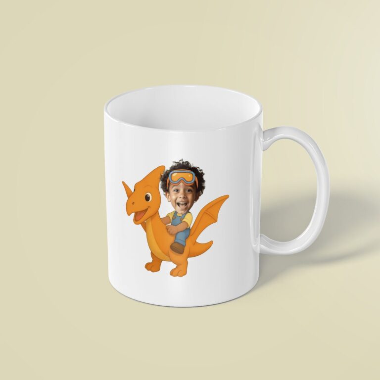 Custom Aviator Riding a Flying Pterosaur Face Cutout – Mug Custom Aviator Riding a Flying Pterosaur Face Cutout shown on a mug mockup