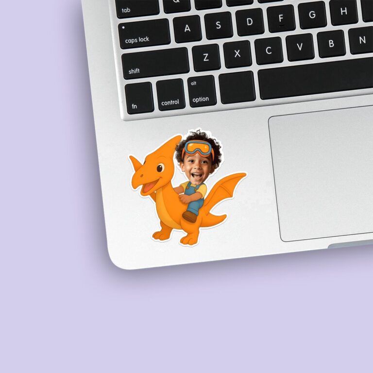 Custom Aviator Riding a Flying Pterosaur Face Cutout – Sticker Custom Aviator Riding a Flying Pterosaur Face Cutout shown on a sticker mockup
