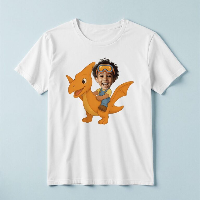 Custom Aviator Riding a Flying Pterosaur Face Cutout – T-shirt Custom Aviator Riding a Flying Pterosaur Face Cutout shown on a T-shirt mockup