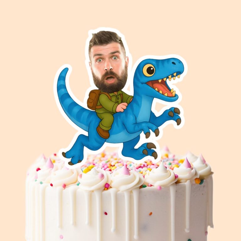 Custom Blue Raptor Explorer Rider Face Cutout – Cake Topper Custom Blue Raptor Explorer Rider Face Cutout shown on a cake topper mockup