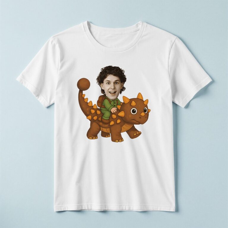 Custom Rider on an Armored Club-Tail Dinosaur Face Cutout – T-shirt Custom Rider on an Armored Club-Tail Dinosaur Face Cutout shown on a T-shirt mockup