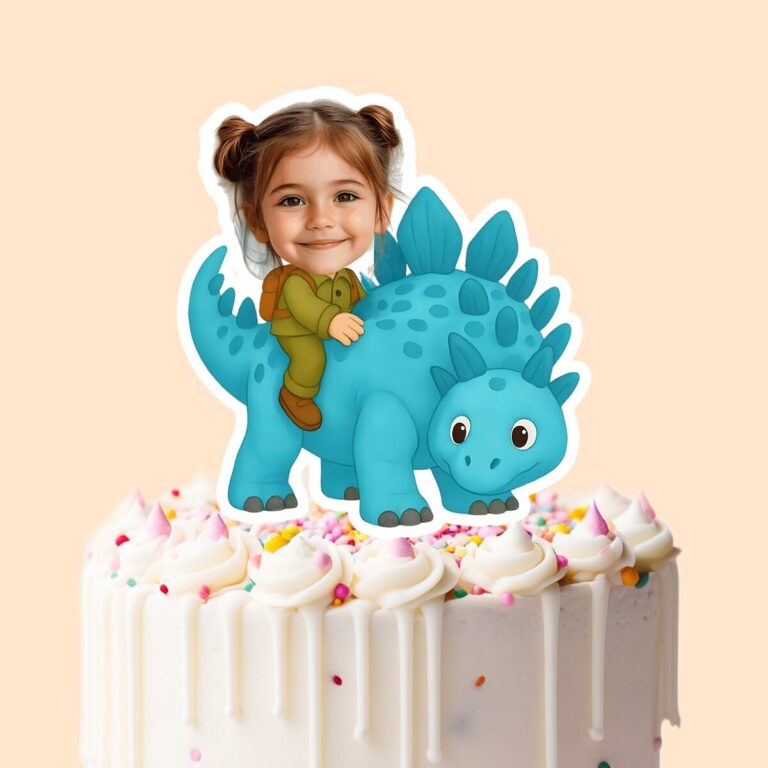 Custom Rider on a Turquoise Plated Dinosaur Face Cutout – Cake Topper Custom Rider on a Turquoise Plated Dinosaur Face Cutout shown on a cake topper mockup