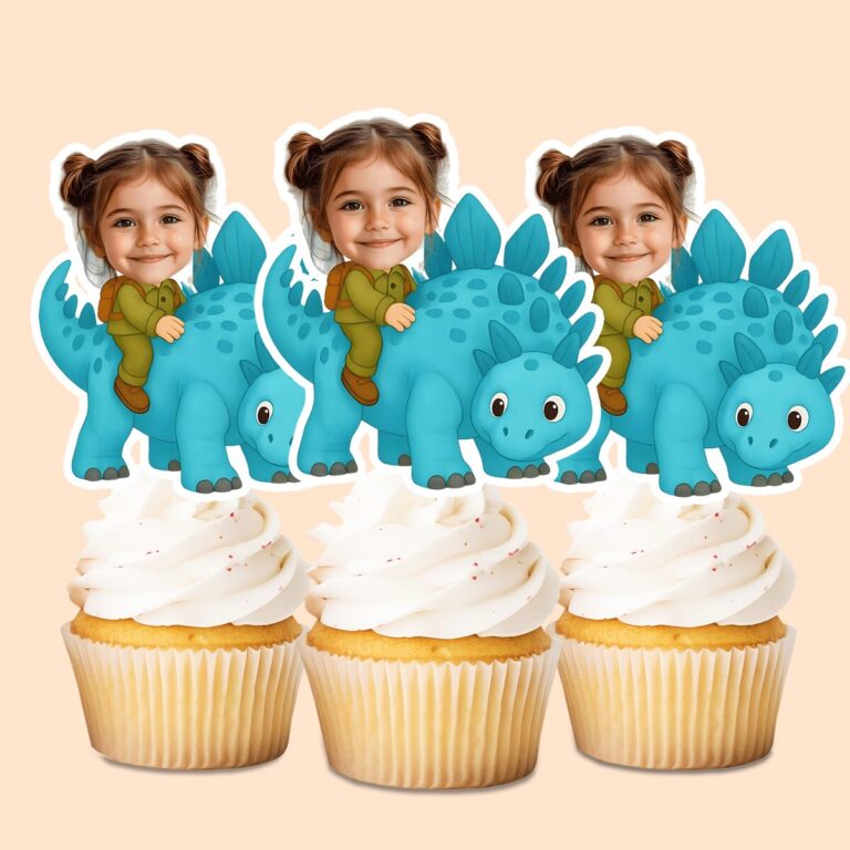 Custom Rider on a Turquoise Plated Dinosaur Face Cutout – Cupcake Topper Custom Rider on a Turquoise Plated Dinosaur Face Cutout shown on a cupcake topper mockup