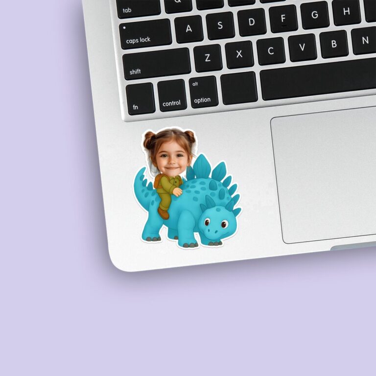 Custom Rider on a Turquoise Plated Dinosaur Face Cutout – Sticker Custom Rider on a Turquoise Plated Dinosaur Face Cutout shown on a sticker mockup