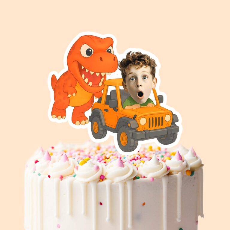 Custom Dinosaur Safari Jeep Scene Face Cutout – Cake Topper Custom Dinosaur Safari Jeep Scene Face Cutout shown on a cake topper mockup