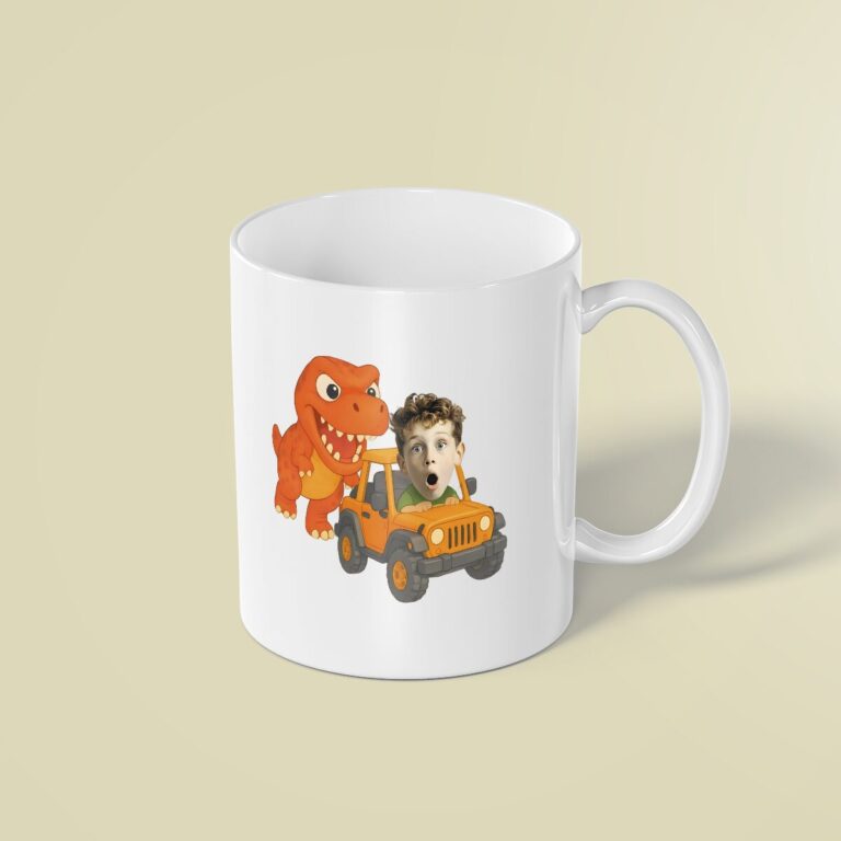 Custom Dinosaur Safari Jeep Scene Face Cutout – Mug Custom Dinosaur Safari Jeep Scene Face Cutout shown on a mug mockup