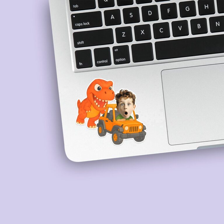 Custom Dinosaur Safari Jeep Scene Face Cutout – Sticker Custom Dinosaur Safari Jeep Scene Face Cutout shown on a sticker mockup