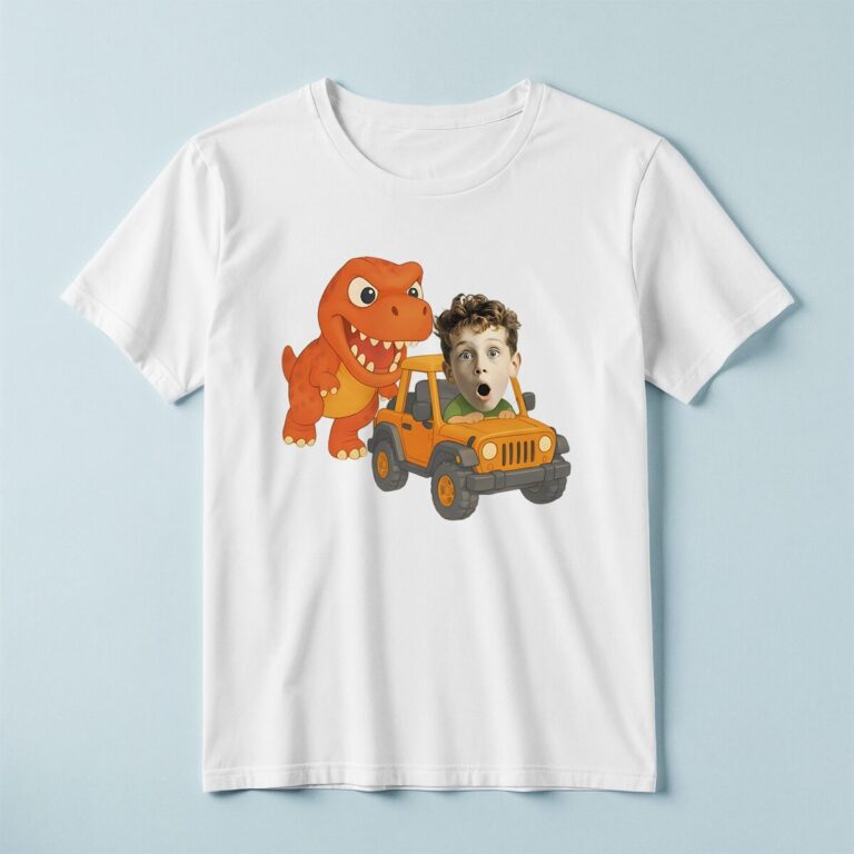 Custom Dinosaur Safari Jeep Scene Face Cutout – T-shirt Custom Dinosaur Safari Jeep Scene Face Cutout shown on a T-shirt mockup