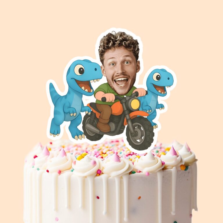 Custom Motorcycle Rider with Two Dinosaurs Face Cutout – Cake Topper Custom Motorcycle Rider with Two Dinosaurs Face Cutout shown on a cake topper mockup