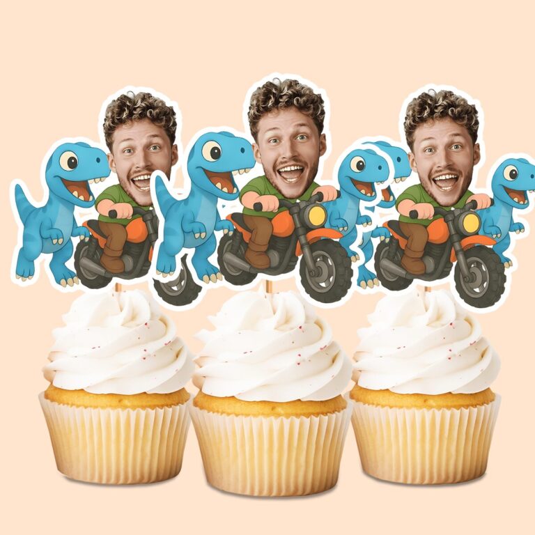 Custom Motorcycle Rider with Two Dinosaurs Face Cutout – Cupcake Topper Custom Motorcycle Rider with Two Dinosaurs Face Cutout shown on a cupcake topper mockup