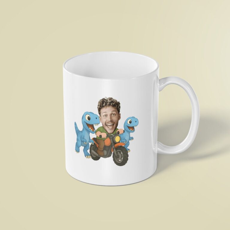 Custom Motorcycle Rider with Two Dinosaurs Face Cutout – Mug Custom Motorcycle Rider with Two Dinosaurs Face Cutout shown on a mug mockup
