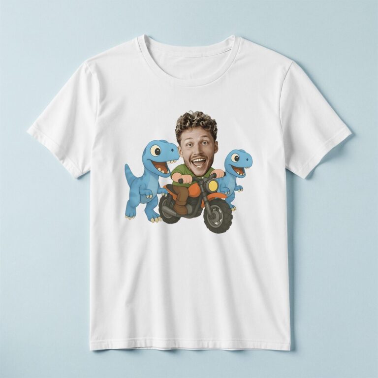 Custom Motorcycle Rider with Two Dinosaurs Face Cutout – T-shirt Custom Motorcycle Rider with Two Dinosaurs Face Cutout shown on a T-shirt mockup