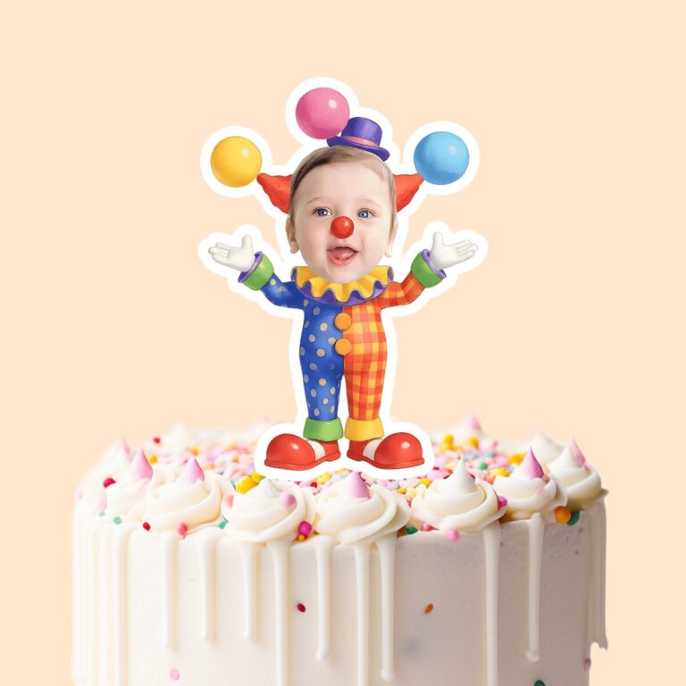 Custom Balloon-Themed Circus Clown Face Cutout – Cake Topper Custom Balloon-Themed Circus Clown Face Cutout shown on a cake topper mockup