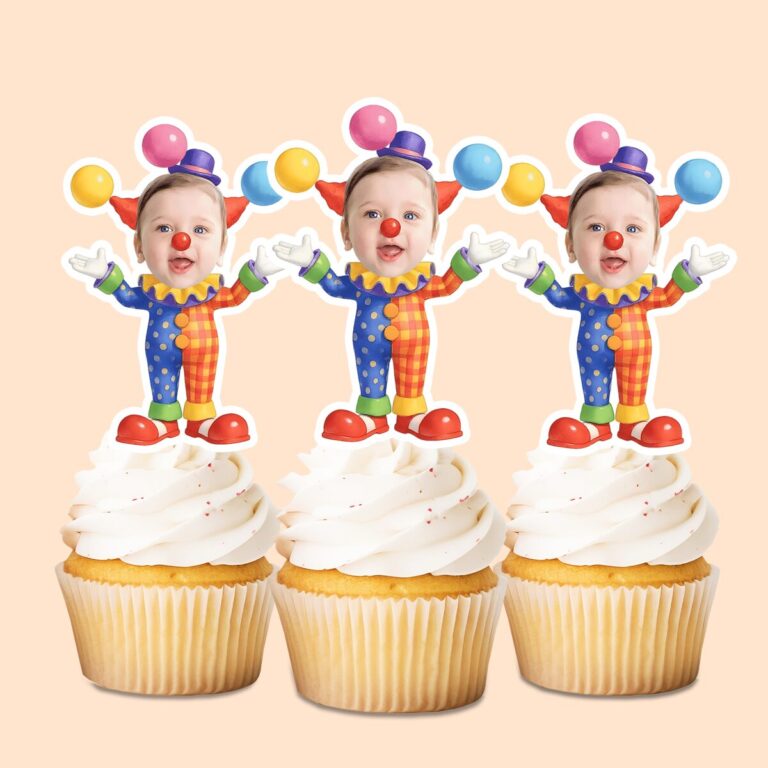 Custom Balloon-Themed Circus Clown Face Cutout – Cupcake Topper Custom Balloon-Themed Circus Clown Face Cutout shown on a cupcake topper mockup