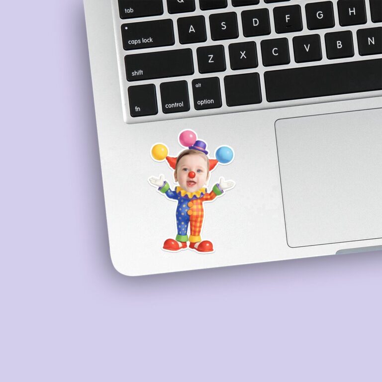 Custom Balloon-Themed Circus Clown Face Cutout – Sticker Custom Balloon-Themed Circus Clown Face Cutout shown on a sticker mockup